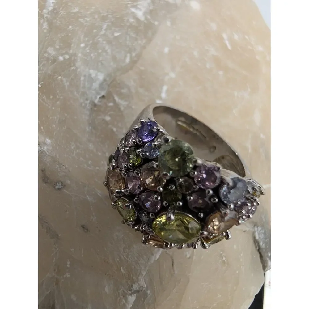 Fashion Cocktail Ring Multi-Color Gemstone Cluster Wide Band Silver Tone Size 7